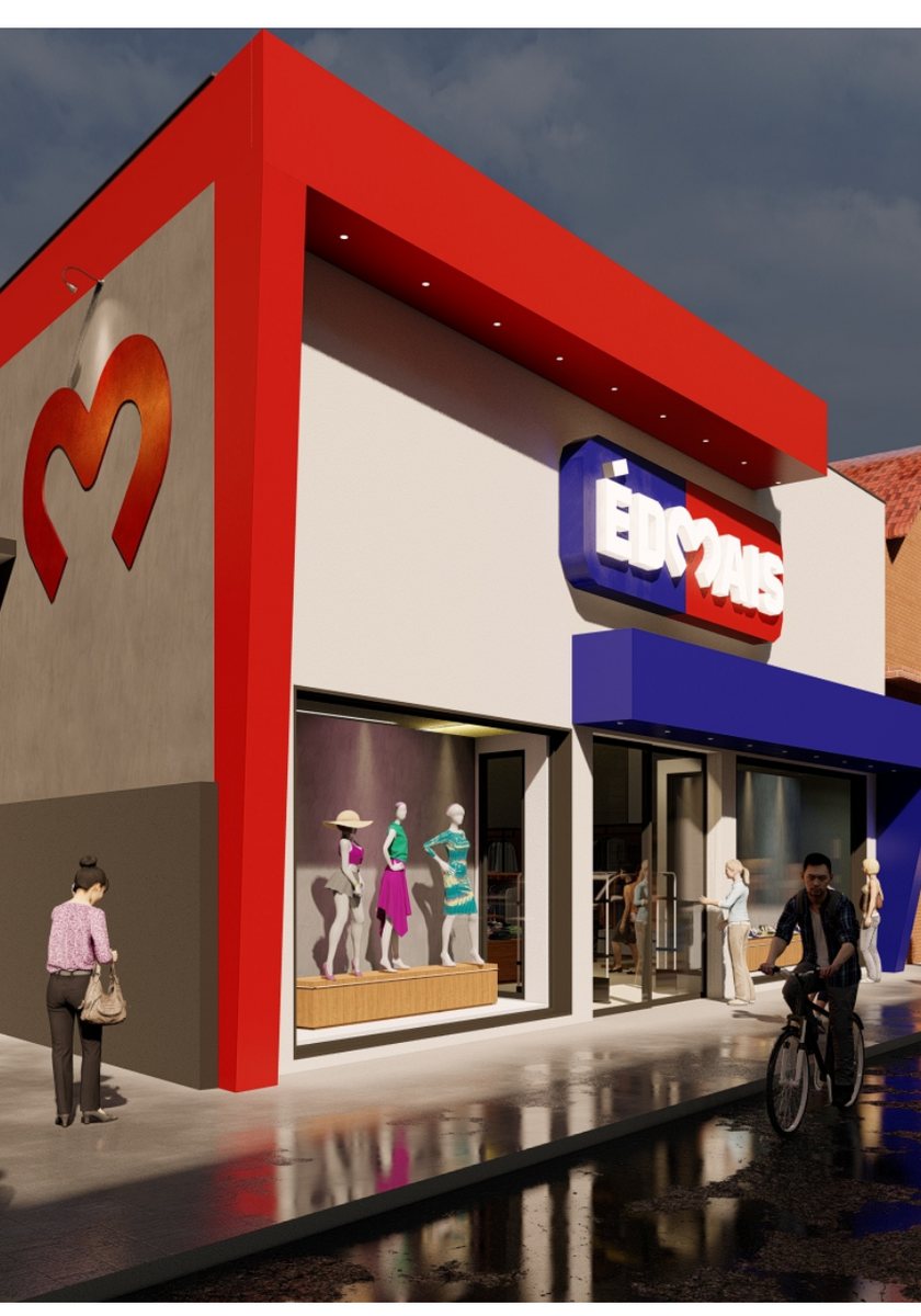 Projeto de fachada comercial EDMAIS com volumetria contemporânea