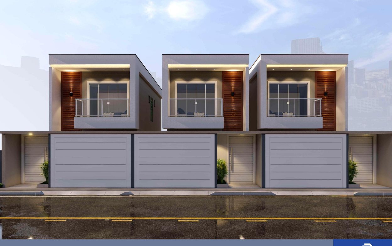 Render frontal do Residencial Vila Solare com três casas unifamiliares